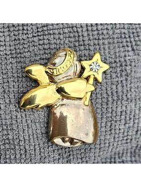 Vintage 1980s Angel Brooch - Mixed Metals Two-Tone Pin with Rhinestone Star Wand